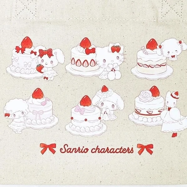 Sanrio characters in white outfits with a strawberry shortcake