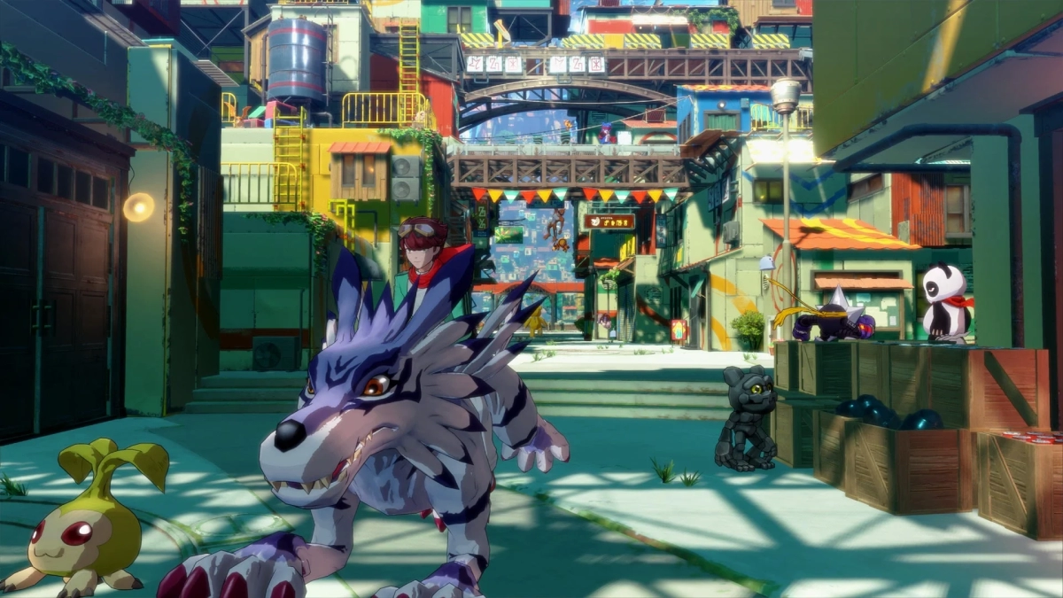 Digimon and characters in a city environment