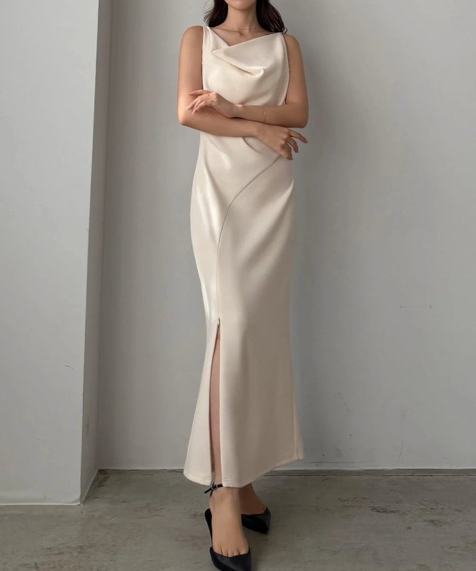 Draped Front Zipper Slit Camisole Dress