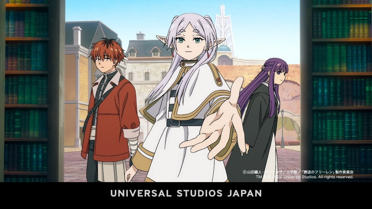 Frieren, Fern, and Stark in a library setting.