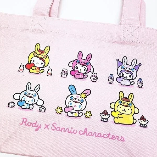 Pink tote bag with Sanrio characters in Rody costumes