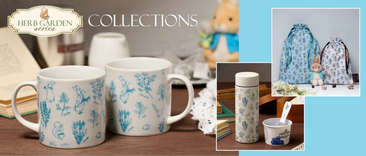 Peter Rabbit Herb Garden series merchandise including mugs, tumblers, and pouches