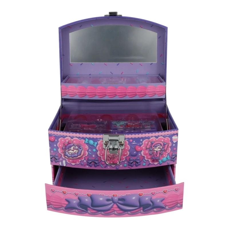 An open, three-tiered makeup box designed like a cake, showing an internal mirror and various cosmetic items.