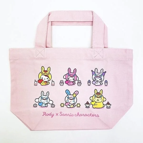 Pink tote bag with Sanrio characters in Rody costumes with sweets