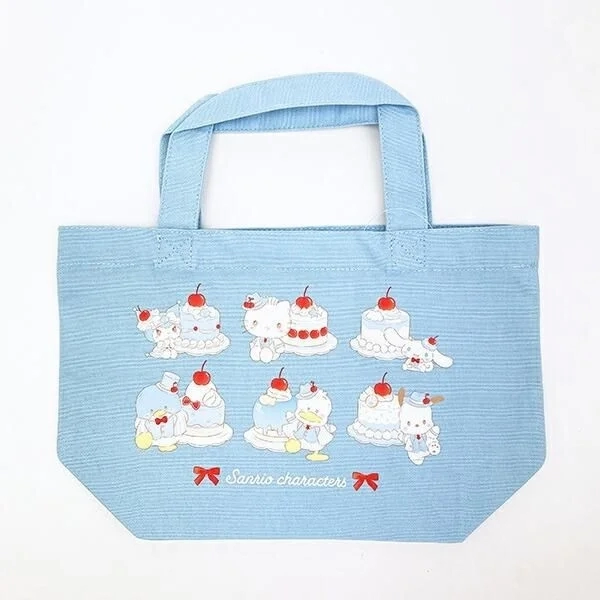 Sanrio characters on a blue mini tote bag with cake and cherries