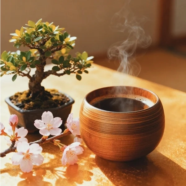 Warm coffee in a wooden cup next to a small bonsai and cherry blossom branch