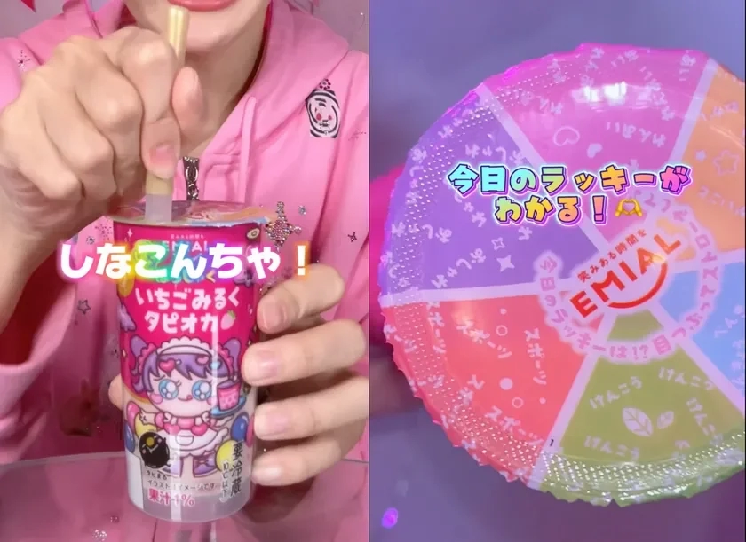 A person in pink demonstrates the fortune-telling lid of the EMIAL Ichigo Milk Tapioca
