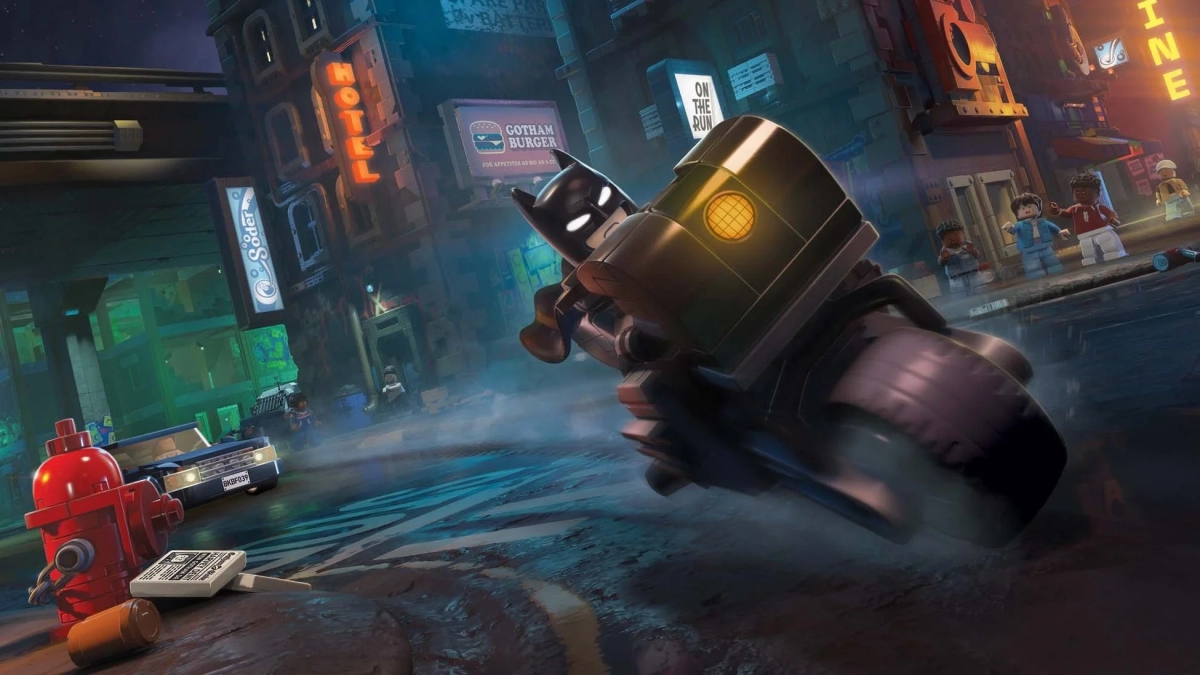 LEGO Batman on a motorcycle in Gotham
