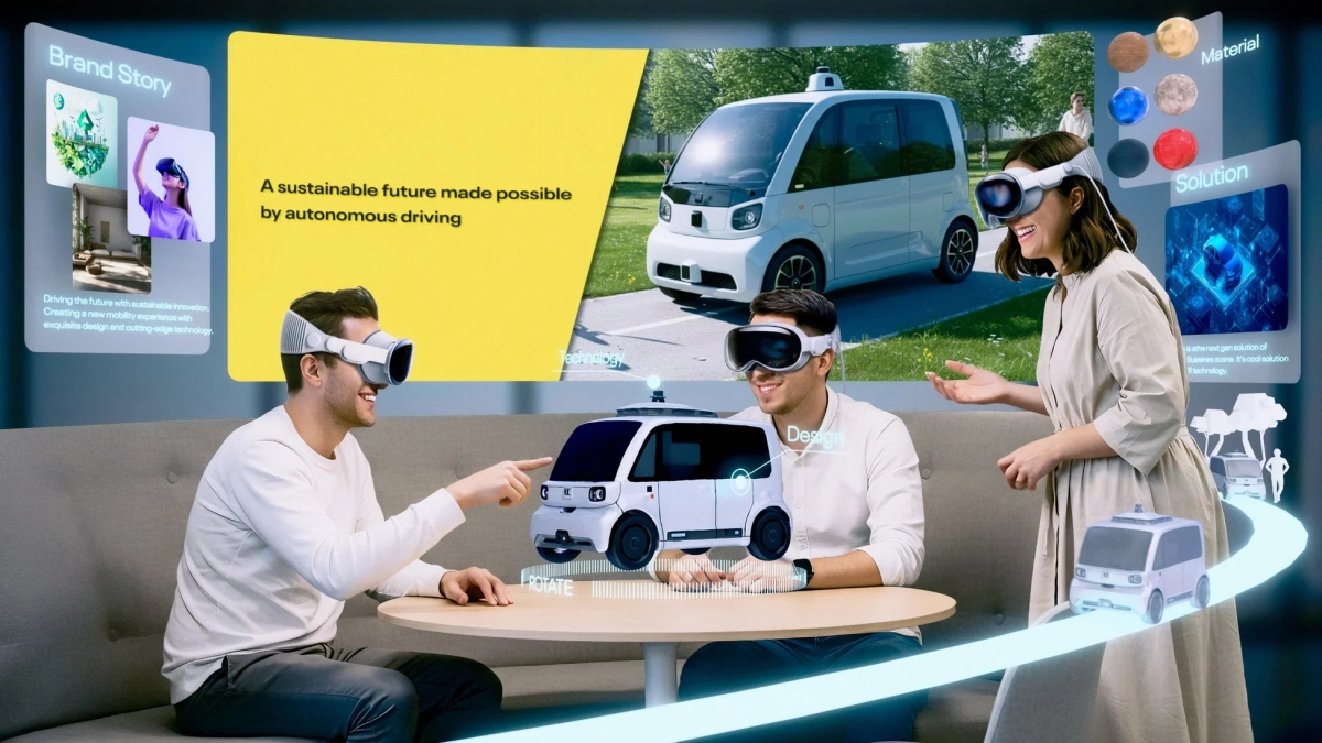 VR, AR, 仮想現実, 拡張現実, 自律走行車, 自動運転, モビリティ, デザイン, テクノロジー, イノベーション, 未来, 会議, コラボレーション, ホログラム, 3Dモデル, 製品開発