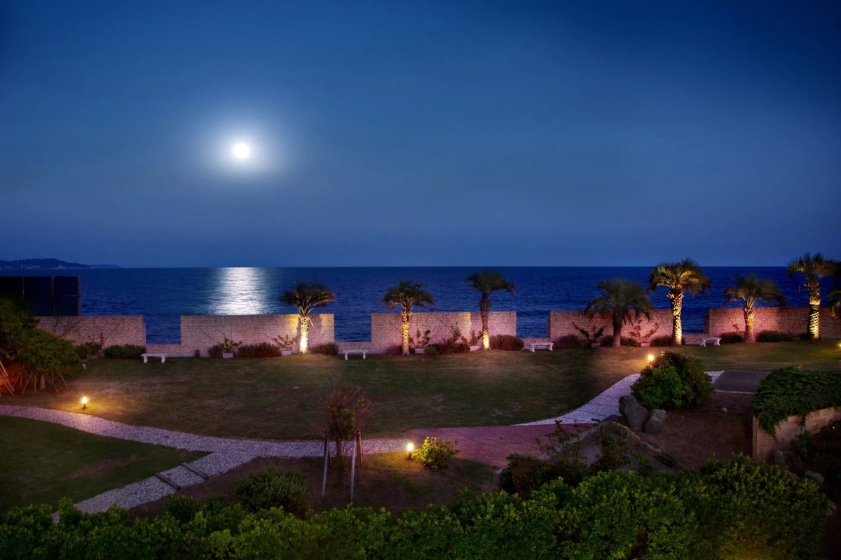 Night view of the resort with a moonlit sea