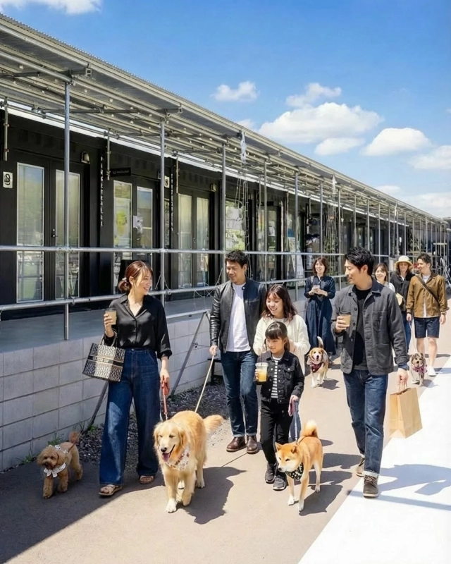 People and their dogs, including Golden Retrievers and Shiba Inus, enjoy a sunny day at a modern, pet-friendly outdoor facility.