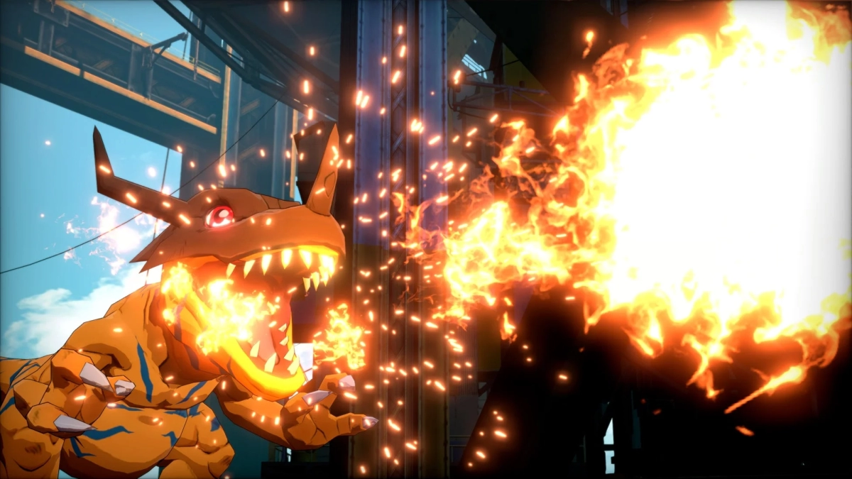 Agumon using a fire attack in Digimon Story: Time Stranger