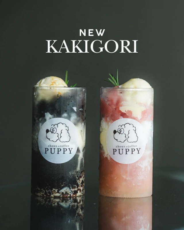 Two new Kakigori creations from PUPPY CHOUX&COFFEE, topped with ice cream and rosemary.