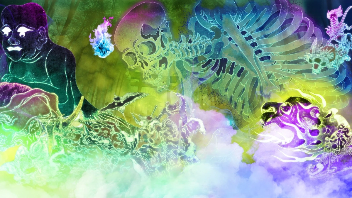 Neon-colored digital art featuring various yokai