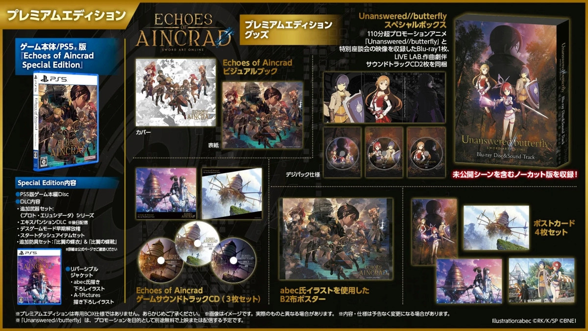 A collage showing the contents of the 'Echoes of Aincrad' Premium Edition, including the game disc, Blu-ray, soundtrack, art book, and a poster.