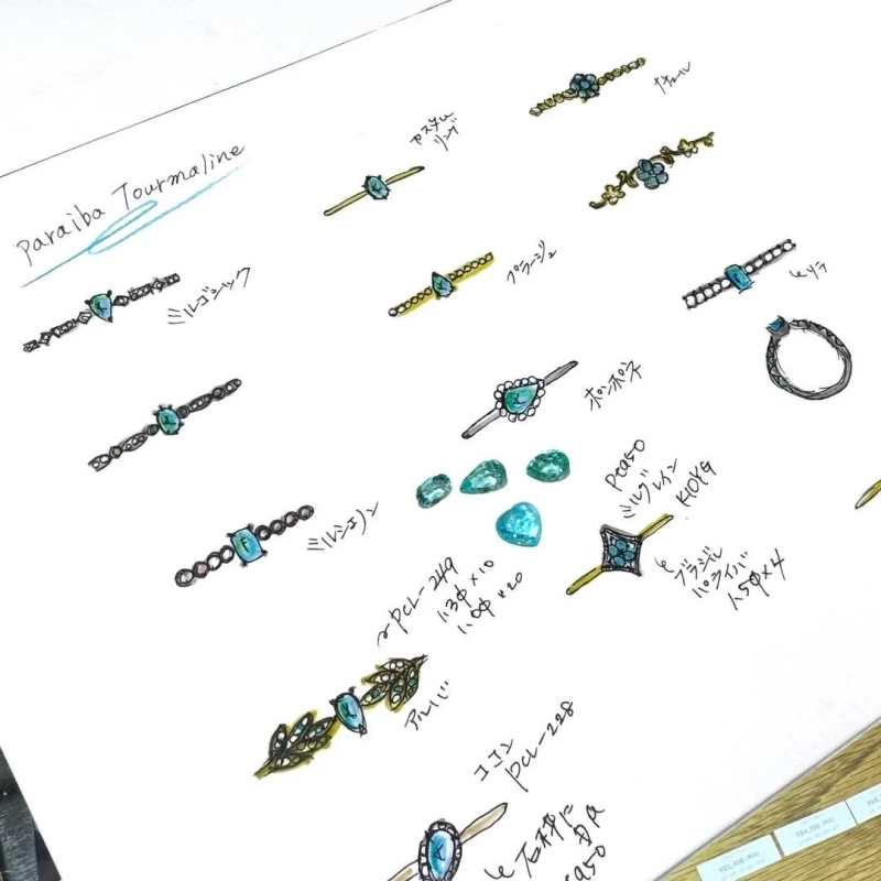 Jewelry design sketches with Paraiba Tourmaline