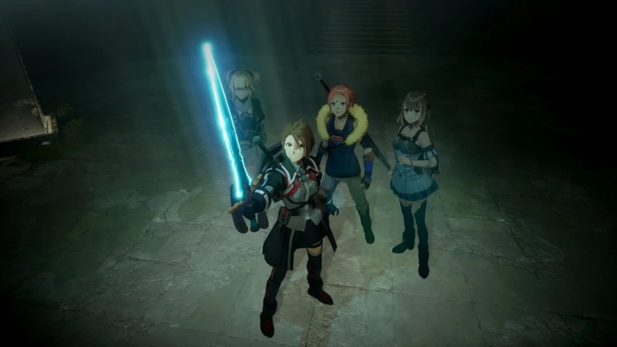 A party of four characters in a dark, mystical dungeon-like setting, with a glowing blue sword.
