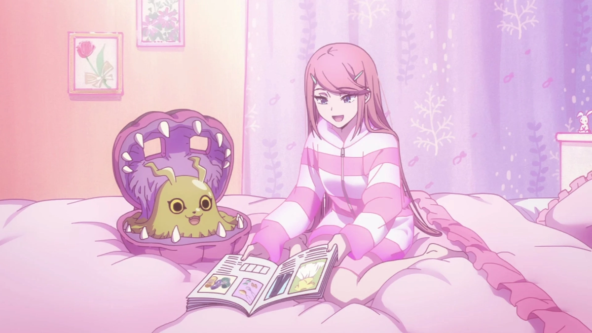Girl reading with Digimon