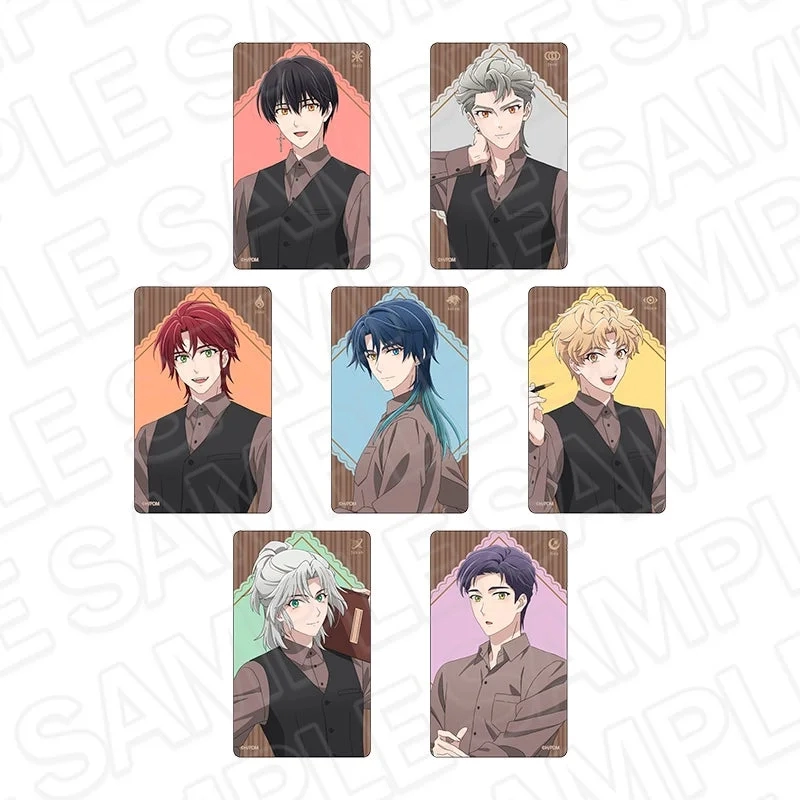 Set of 7 anime-style male character trading cards in cafe uniforms