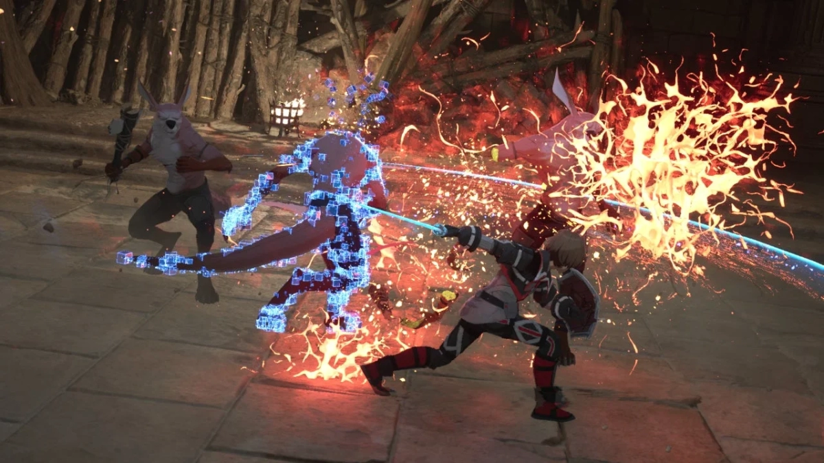 A dynamic combat scene in a fantasy setting, with characters battling a rabbit-like monster amidst magical effects.