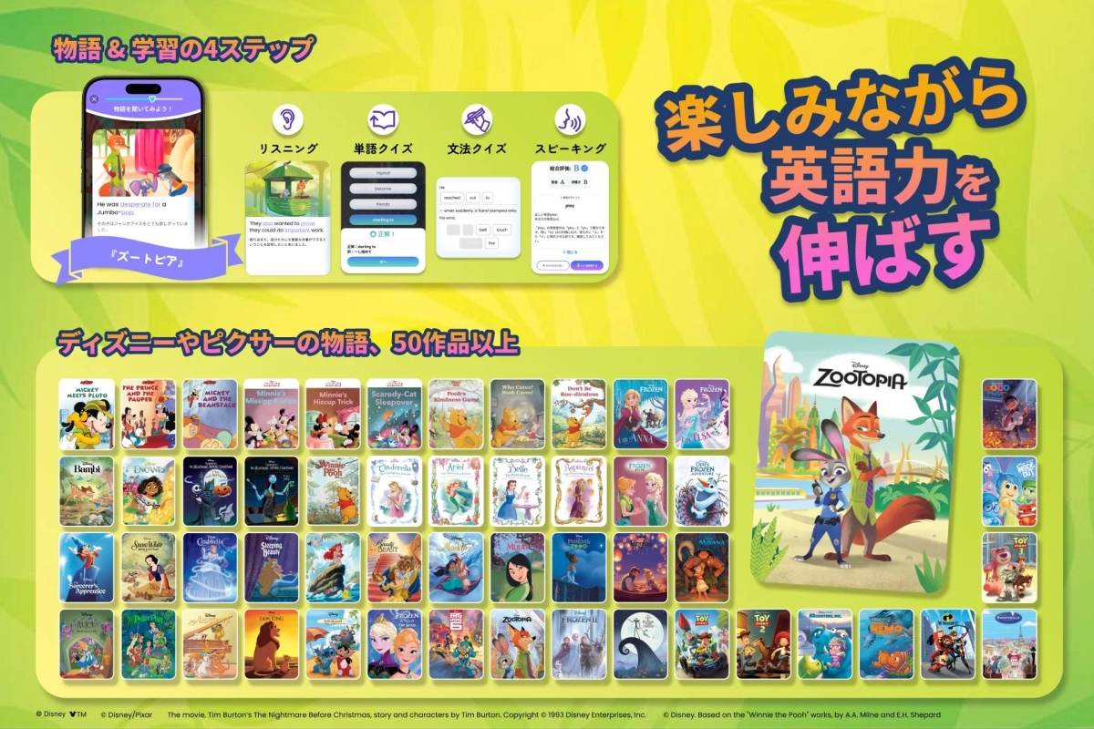 Screenshot of Disney fantaSpeak app showing the 4 learning steps and various Disney titles