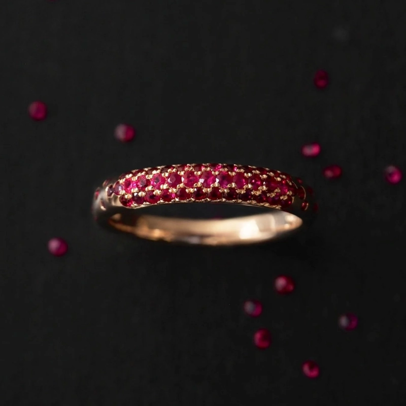 Close-up of a ruby pave ring