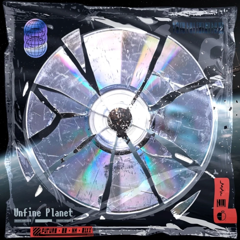A broken CD in transparent plastic packaging, featuring futuristic, glitch-like text including "Unfine Planet."