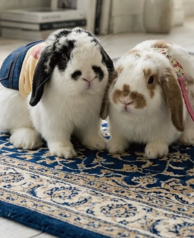 Two rabbits wearing harnesses
