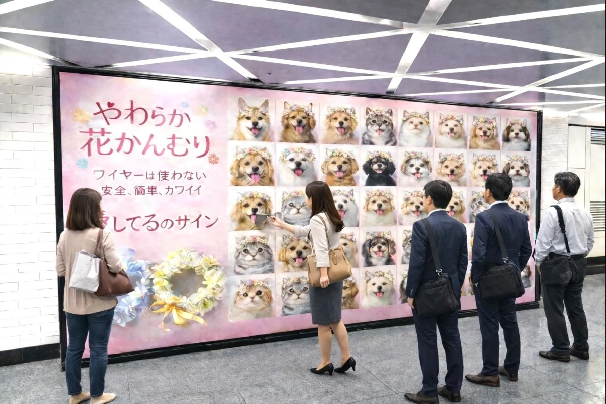Ginza Station advertisement featuring soft flower crowns